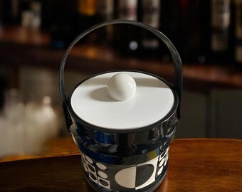 Vintage Ice Bucket Black White Geometrical Dots & Squares Intermingled 60’s 70’s MCM Cool Retro