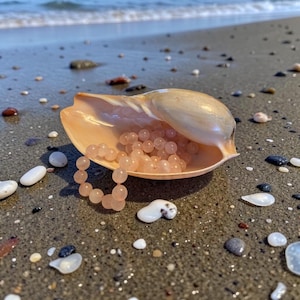May include: A peach-colored seashell filled with small, round, light pink beads. A matching beaded bracelet rests on the sand next to the shell. The scene is set on a sandy beach with small pebbles and the ocean in the background.