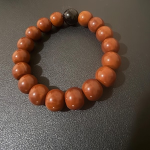 May include: A circular bracelet composed of seventeen smooth, round, reddish-brown beads and one single, contrasting glossy black bead. The beads are strung together in a continuous loop, creating a uniform, polished appearance throughout the piece.