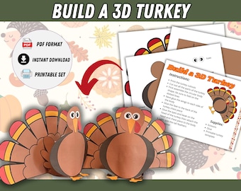 Puede incluir: Un proyecto de manualidades con dos pavos de papel marrón, plumas de cola rojas, amarillas y naranjas, y ojos saltones. La imagen incluye instrucciones y un juego imprimible para construir un pavo 3D, ideal para el otoño.