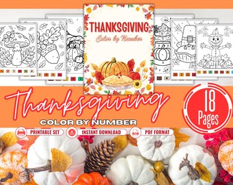Thanksgiving Color by Number | 18 Fall Coloring Pages (PDF Pattern)