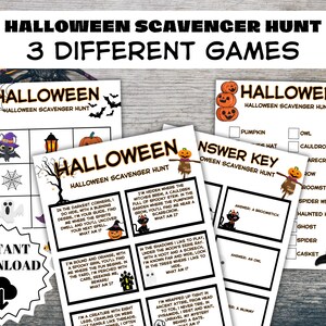 May include: Halloween scavenger hunt game sheets with three different game options. The sheets feature Halloween-themed graphics, including bats, pumpkins, and a witch's hat. The text on the sheets reads "Halloween Scavenger Hunt" and "Instant Download".