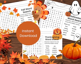 May include: A collection of printable word search puzzles for fall and Halloween. The puzzles include themes like Thanksgiving and Halloween, with autumn leaves and a pumpkin. The words are in English.