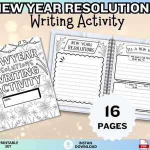 May include: A spiral-bound "New Year Resolutions Writing Activity" book with 16 pages. The cover features the text "New Year Resolutions Writing Activity" with fireworks illustrations. Inside, there are lined pages for writing goals. The printable set is available in PDF format.