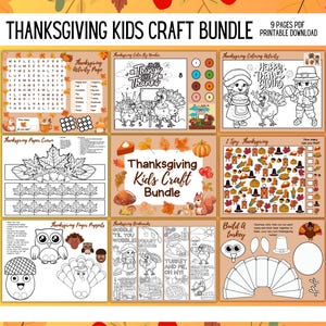 May include: Thanksgiving Kids Craft Bundle with 9 pages of printable activities. Includes coloring pages, a word search, paper crafts, and a build-a-turkey activity. Features fall-themed illustrations of turkeys, pumpkins, and leaves.