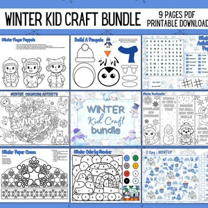 May include: A Winter Kid Craft Bundle PDF printable download. The image shows nine pages of winter-themed crafts, including finger puppets, a build-a-penguin activity, coloring pages, and a word search. The bundle is designed for children.