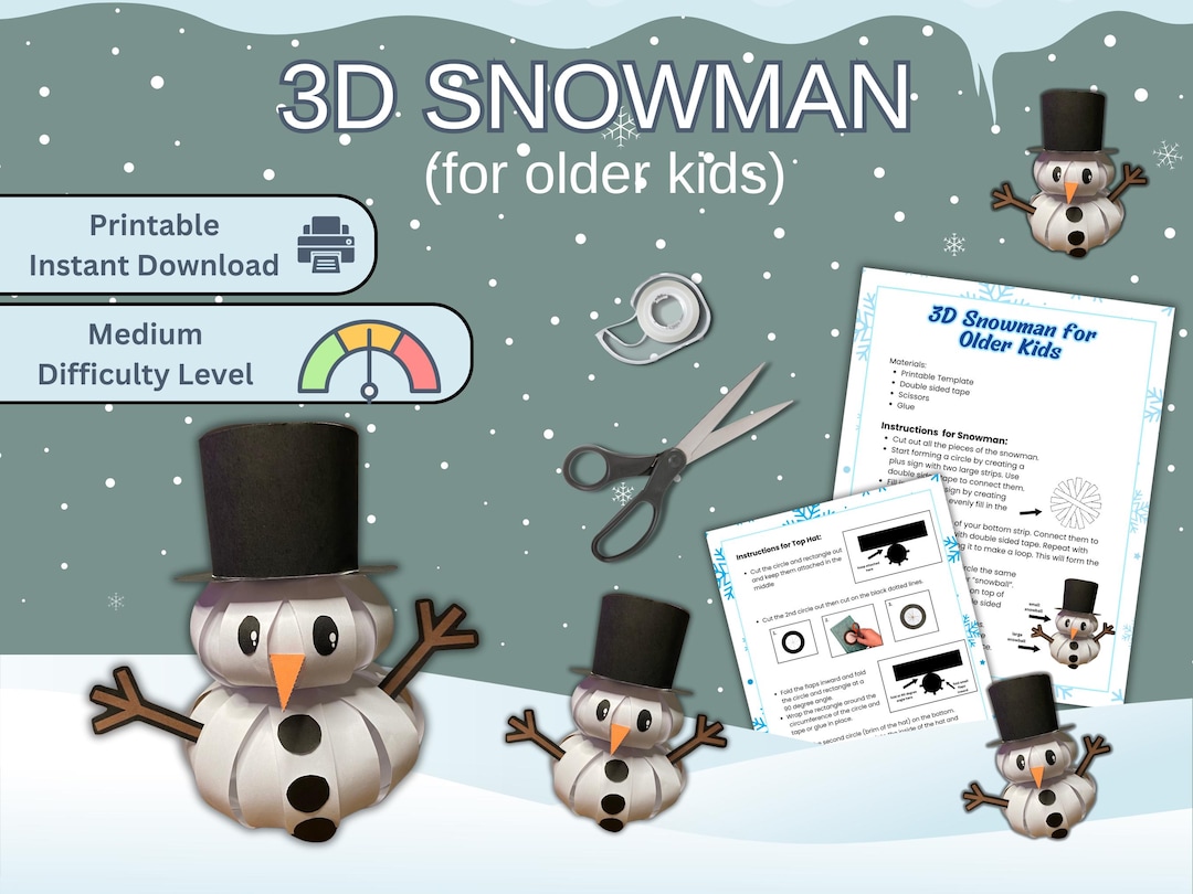 3D Snowman Paper Craft for Kids: Winter Printable Template (PDF) - Etsy ...