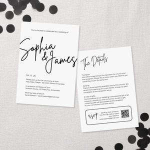 May include: A black and white wedding invitation with the names Sophia & James. The invitation includes details about the ceremony, reception, transportation, and parking. It also includes a QR code for RSVP.