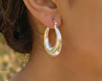 Chunky Silver Hoop Earrings - 925 Sterling Silver Dome Hoops - Minimalist Jewelry Gift for Women
