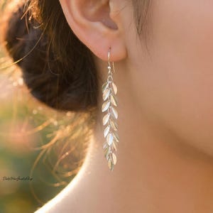 Sterlingzilveren bladdruppeloorbellen, lange botanische sieraden, op de natuur geïnspireerd uniek kerstcadeau