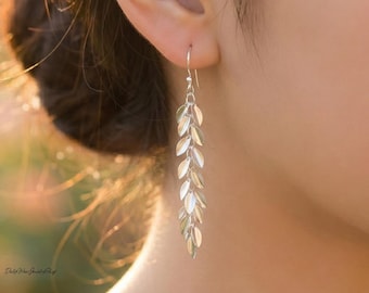 Sterling Silver Leaf Drop Earrings, Long Dangle Botanical Jewelry, Nature Inspired Unique Christmas Gift