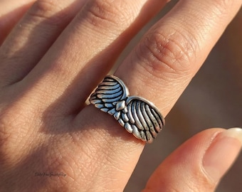Handmade Silver Angel Wing Ring | Unique Gothic Feather Statement Jewelry | Symbolic Guardian Angel