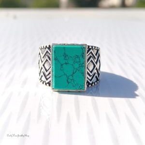 Blue Turquoise Ring, Rectangular Signet Sterling Silver, Boho Tribal Band, Birthady Gift Him