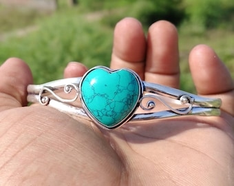 Bracelet manchette en argent coeur turquoise, bracelet jonc bohème en pierres précieuses, cadeau Saint-Valentin pour elle, bijoux en filigrane