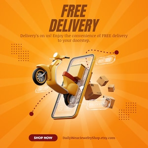 May include: An orange graphic with the words "FREE DELIVERY" and a yellow scooter emerging from a smartphone. The image includes small brown boxes and the text "Delivery's on us! Enjoy the convenience of FREE delivery to your doorstep."