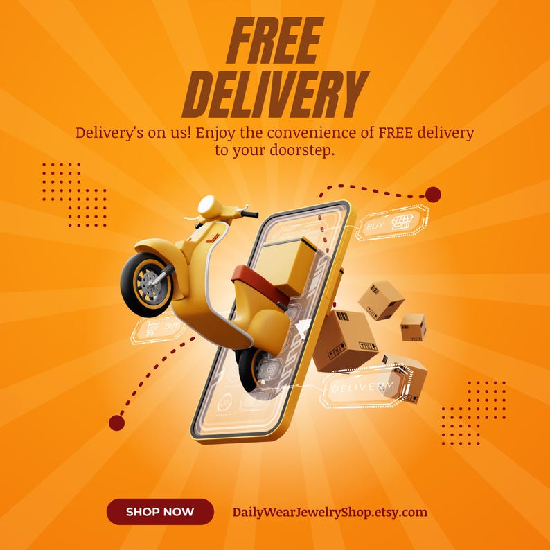 May include: An orange graphic with the words "FREE DELIVERY" and a yellow scooter emerging from a smartphone. The image includes small brown boxes and the text "Delivery's on us! Enjoy the convenience of FREE delivery to your doorstep."