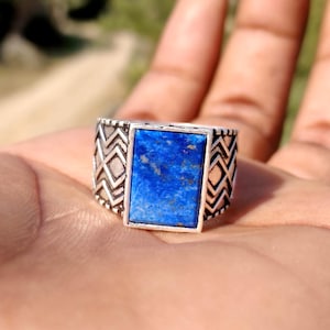 Anillo rectangular de plata con lapislázuli natural, diseño geométrico bohemio, joyería llamativa, regalo para hombre.