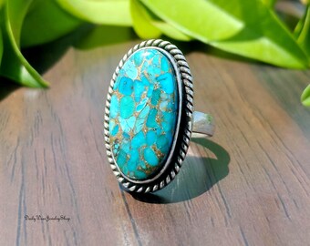 Anillo ovalado llamativo de plata de ley con turquesa azul y cobre – Joyería estilo boho western
