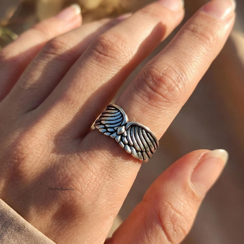 Handmade Silver Angel Wing Ring | Unique Gothic Feather Statement Jewelry | Symbolic Guardian Angel image 1