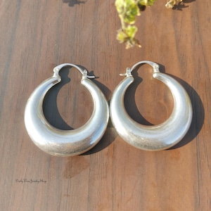 Puede incluir: Un par de pendientes de aro plateados con un dise&ntilde;o pulido y redondeado. Los pendientes se exhiben sobre una superficie de madera oscura, con un toque de vegetaci&oacute;n en el fondo. Los pendientes tienen un estilo cl&aacute;sico y atemporal.