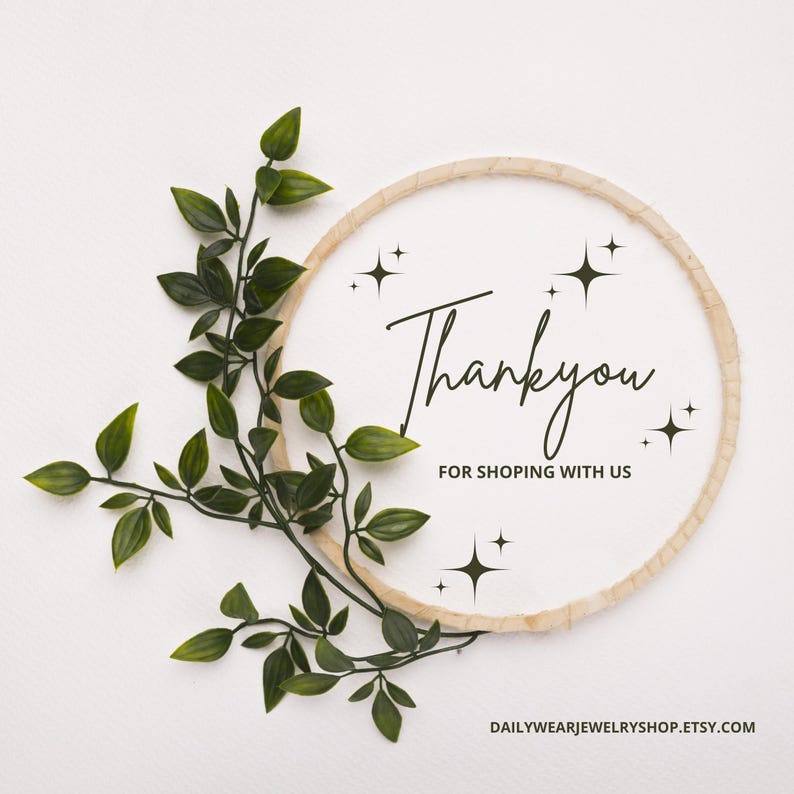 May include: A circular wooden frame with the words "Thank you" in elegant script, accompanied by "FOR SHOPPING WITH US" and star accents. Green leafy branches adorn the frame, set against a white background. The Etsy shop URL is at the bottom.