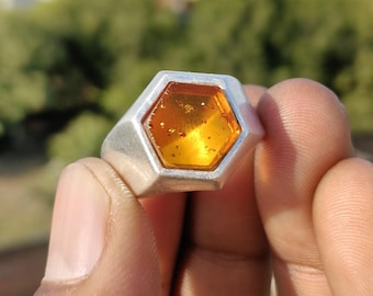 Anillo hexagonal de ámbar báltico color coñac, plata de ley 925 maciza, diseño geométrico, regalo para hombre, joyería