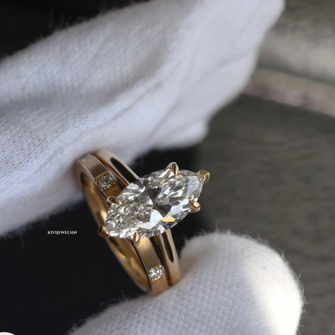 Marquise Cut Moissanite Engagement Ring Set, 14K Yellow Gold Bridal Set ...