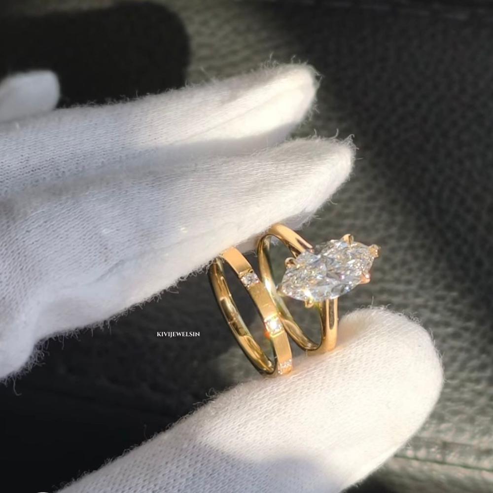 Marquise Cut Moissanite Engagement Ring Set, 14K Yellow Gold Bridal Set ...