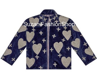 Blue Bohemian Jacket, Floral Velvet Over Coat, Hand Embroidered Jacket, Short Suzani Jacket, Gift for Mom/Her, One size fits all