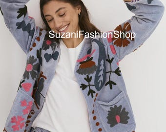 Velvet Suzani Embroidered Crop Jacket, Bohemian Floral Coat