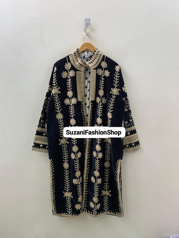 Boho Velvet Suzani Embroidered Long Coat: Vintage Style Duster