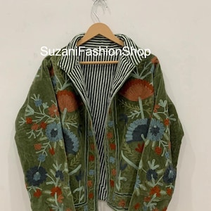Boho broderad sammets Suzani-jacka, handgjord uzbekisk kappa