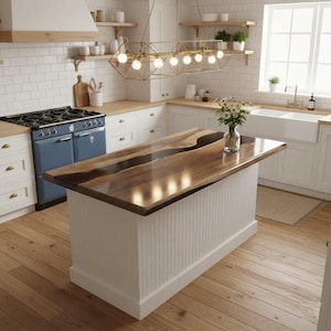 Può includere: Una cucina moderna con un'isola in legno con un piano di lavoro scuro e lucido. L'isola ha una base bianca con pannelli verticali. Sono visibili una stufa blu e armadi bianchi, insieme a un lampadario geometrico e fiori.