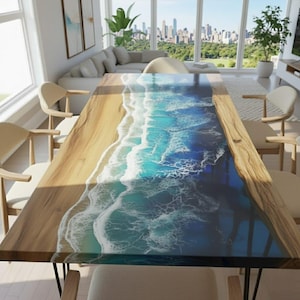 Può includere: Un tavolo da pranzo rettangolare in legno con un design a tema oceano. Il tavolo presenta bordi in legno marrone chiaro e una sezione centrale in resina blu e bianca, che imita le onde dell'oceano. Il tavolo è sostenuto da gambe in metallo nero.
