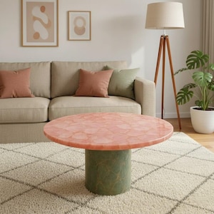 Mesa de centro redonda de mármol y cuarzo rosa - Consola de piedra rosa | Mesa de balcón - Decoración de terraza de alta gama - Diseño de cuarzo rosa y malaquita