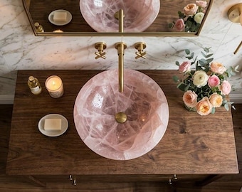 Lavabo de cuarzo rosa artesanal | Lavabo de baño de cristal rosa natural | Lavabo de tocador de lujo con piedra preciosa en bruto | Decoración moderna para el hogar
