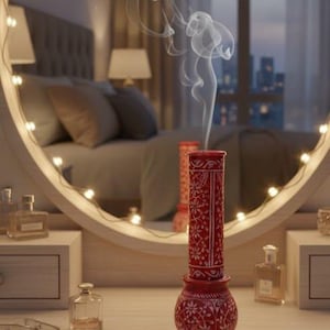 Può includere: Un bruciatore di incenso rosso con motivi floreali bianchi, che emette volute di fumo. Il bruciatore è posto su una toeletta con uno specchio adornato di luci. La scena suggerisce un'atmosfera rilassante, con una camera da letto visibile sullo sfondo.