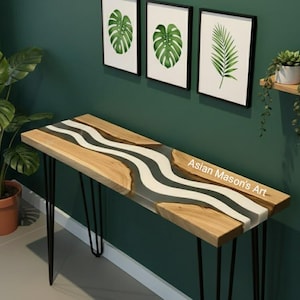 Live Edge Wood Console Table | Resin River Table | White Epoxy Furniture | Mid Century Modern Entry Table | Handmade Wood Console Home Decor
