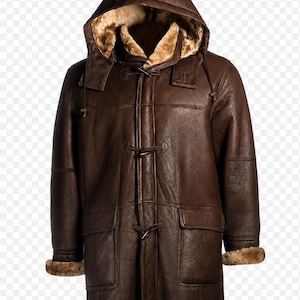 Men's Brown Genuine Sheepskin Leather Coat: Hooded Shearling Aviator Overcoat