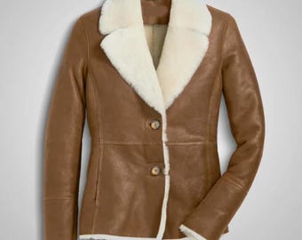 Women's Brown Shearling Leather Jacket / Bomber Style Fully lined Coat with Fur