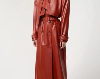 Women's Red Solid Leather Long Coat / Trench Coat, Women's Red