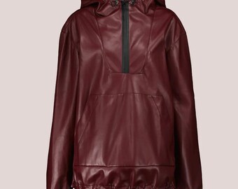 Women's Red Hooded Leather Jacket / Handmade Vintage Bomber Style Fully Lined