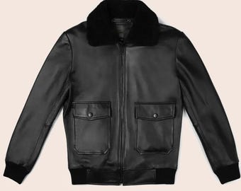 Men's Black Leather Shearling Jacket / 100% Handmade Bomber Aviator Style Sheepskin Leather