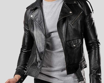 May include: Black leather jacket with an asymmetrical zipper closure, a notched collar, and multiple pockets. The jacket features a belt at the waist and silver-toned hardware. The sleeves have zippers at the cuffs. A classic biker-style jacket.