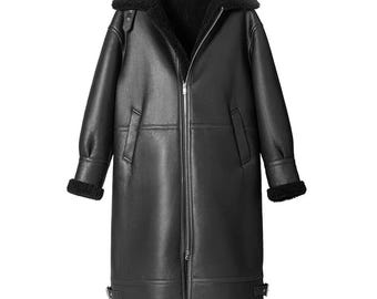 Men's Black Shearling Leather Coat : Genuine Handmade Sheepskin-Coat, Trench-Coat, Warm-Winter-Outerwear, Overcoat, Gift-for-Him