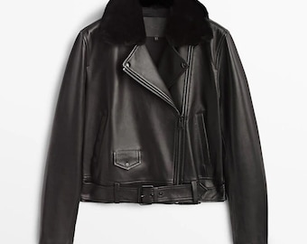 Giacca in pelle di montone nera da donna / Giacca in pelliccia stile motociclista antica fatta a mano