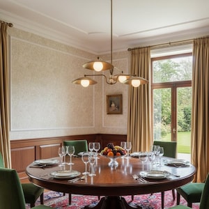 May include: A dining room with a large, round, dark wood table set for a meal. A brass chandelier with four lights hangs above the table. Green chairs surround the table, and a window with beige curtains is in the background.
