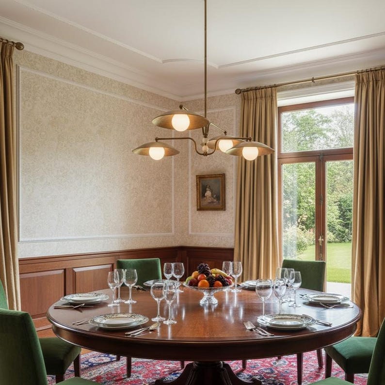 May include: A dining room with a large, round, dark wood table set for a meal. A brass chandelier with four lights hangs above the table. Green chairs surround the table, and a window with beige curtains is in the background.