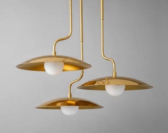 Mid Century Modern Brass Chandelier: 3 Milk Glass Globe Pendant Light fixtures