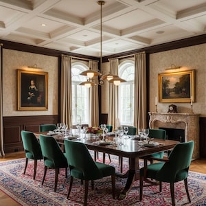 May include: Elegant dining room with a long wooden table set for a meal. Features include green velvet chairs, a patterned rug, artwork, a fireplace, and a stylish chandelier. The room has a classic, upscale ambiance.